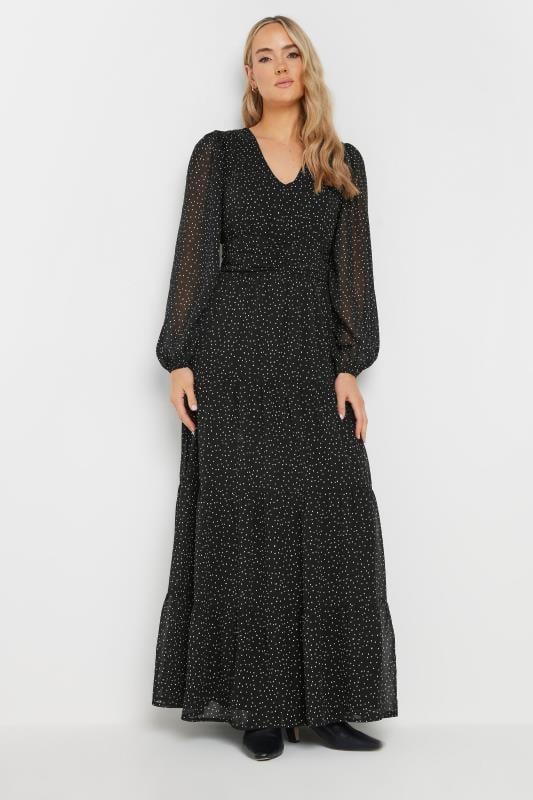 Evans LTS Tall Black Chiffon Spot Tiered Maxi Dress
