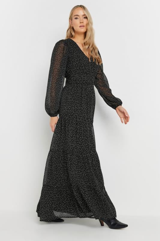 evans LTS Tall Black Chiffon Spot Tiered Maxi Dress