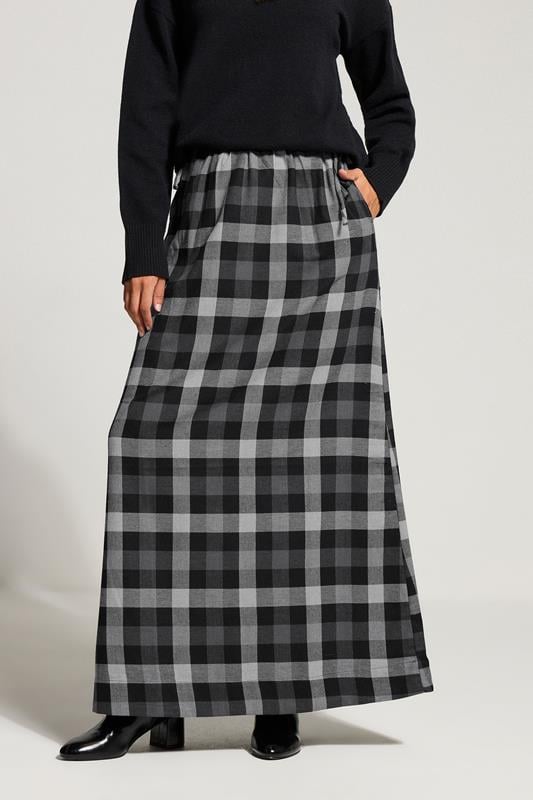 Evans LTS Tall Black Cotton Check Side Tie Maxi Skirt