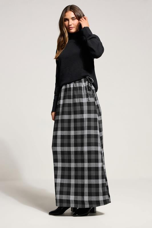 evans LTS Tall Black Cotton Check Side Tie Maxi Skirt