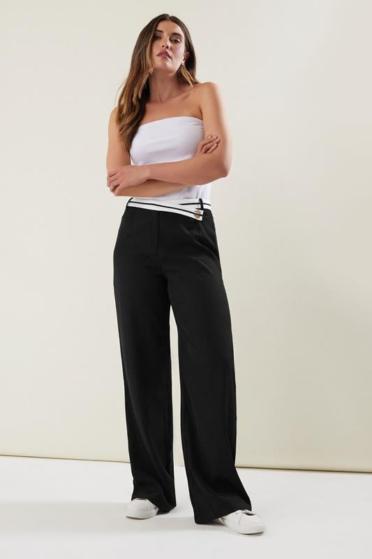Evans LTS Tall Black Cross Over Contrast Waistband Trousers