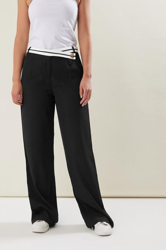 Evans LTS Tall Black Cross Over Contrast Waistband Trousers