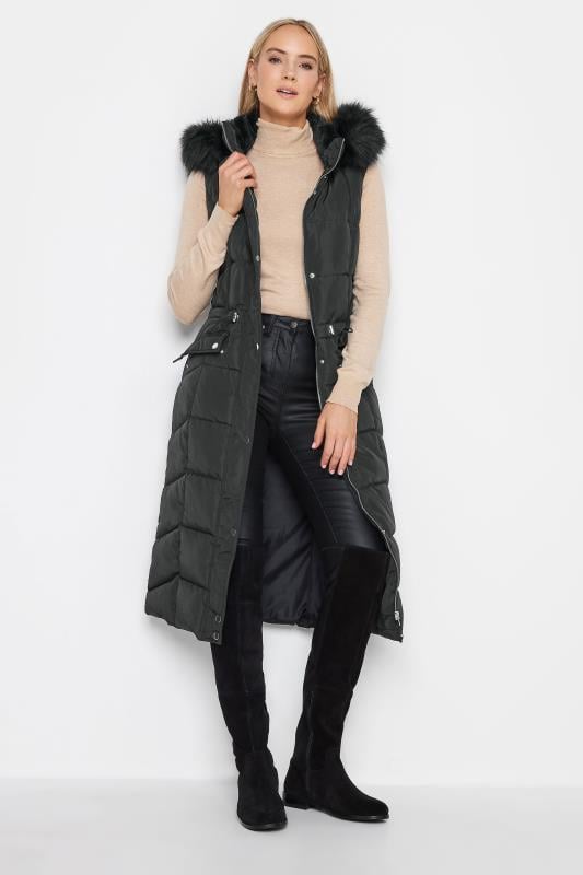 Evans LTS Tall Black Faux Fur Trim Hooded Midi Gilet