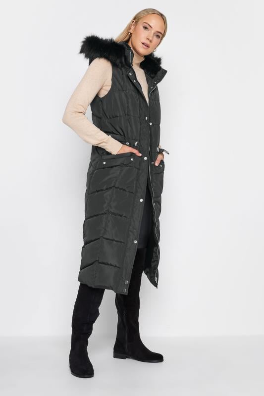 Evans LTS Tall Black Faux Fur Trim Hooded Midi Gilet