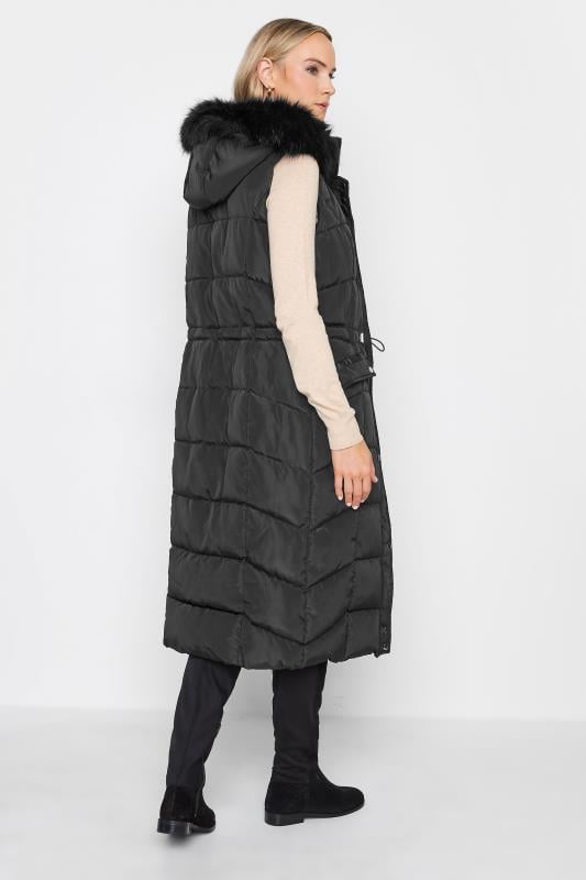 Evans LTS Tall Black Faux Fur Trim Hooded Midi Gilet