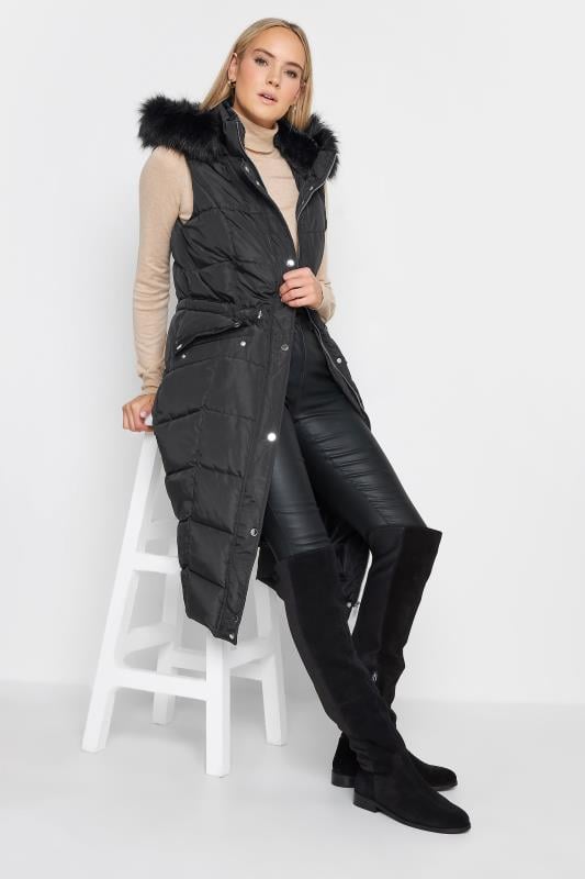 evans LTS Tall Black Faux Fur Trim Hooded Midi Gilet
