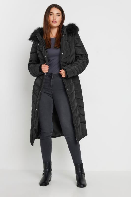Evans LTS Tall Black Faux Fur Trim Padded Longline Coat