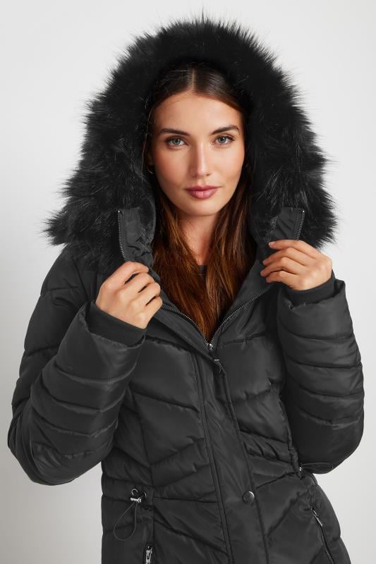 Evans LTS Tall Black Faux Fur Trim Padded Longline Coat