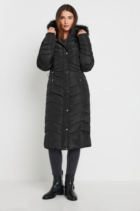 evans LTS Tall Black Faux Fur Trim Padded Longline Coat