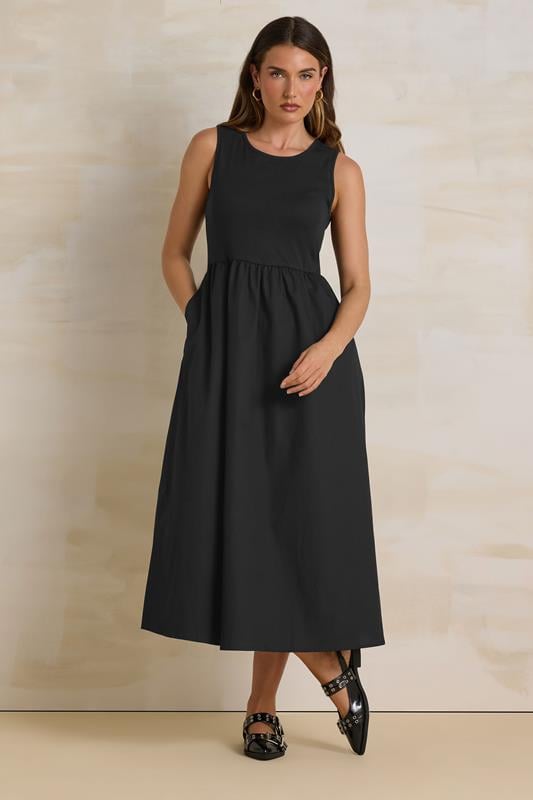 evans LTS Tall Black Jersey & Woven Mix Fabric Midi Dress