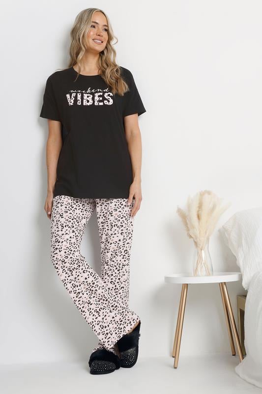evans LTS Tall Black Leopard 'Weekend Vibes' Slogan Pyjama Set
