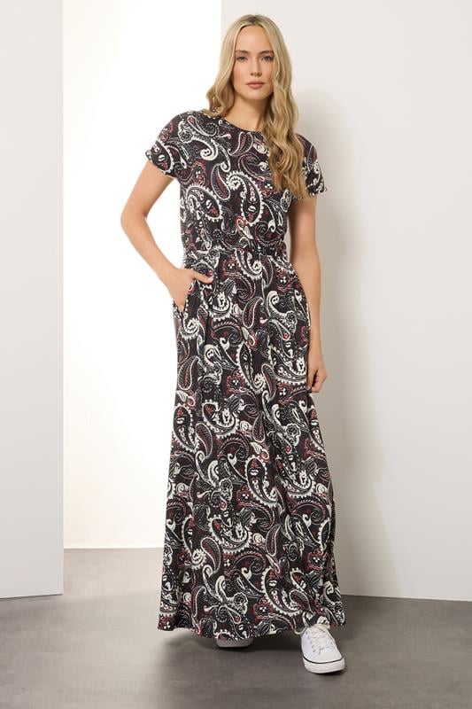 Evans LTS Tall Black Paisley Shirred Waist Maxi Dress