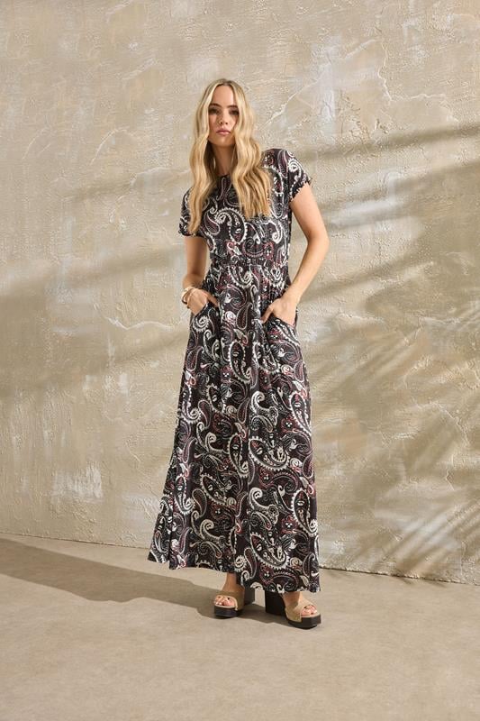evans LTS Tall Black Paisley Shirred Waist Maxi Dress