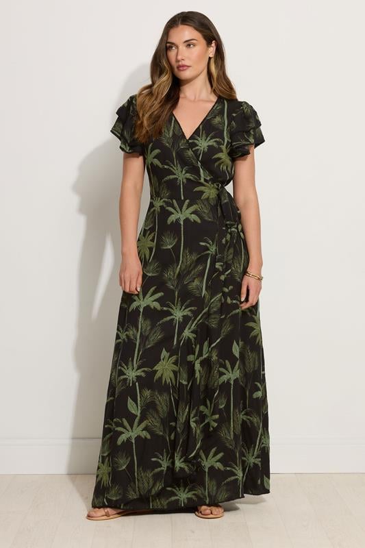 Evans LTS Tall Black Tropical Palm Frill Sleeve Maxi Dress