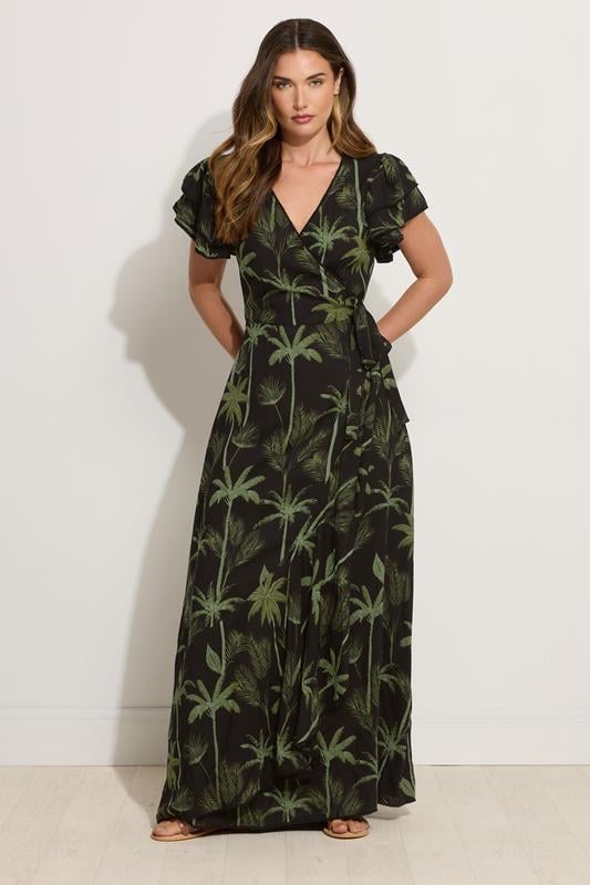 Evans LTS Tall Black Tropical Palm Frill Sleeve Maxi Dress