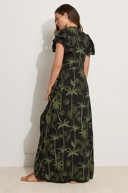 Evans LTS Tall Black Tropical Palm Frill Sleeve Maxi Dress