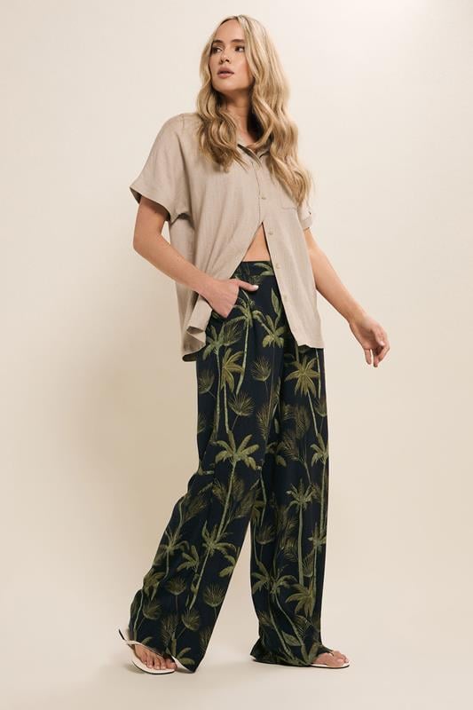 Evans LTS Tall Black Tropical Palm Wide Leg Trousers
