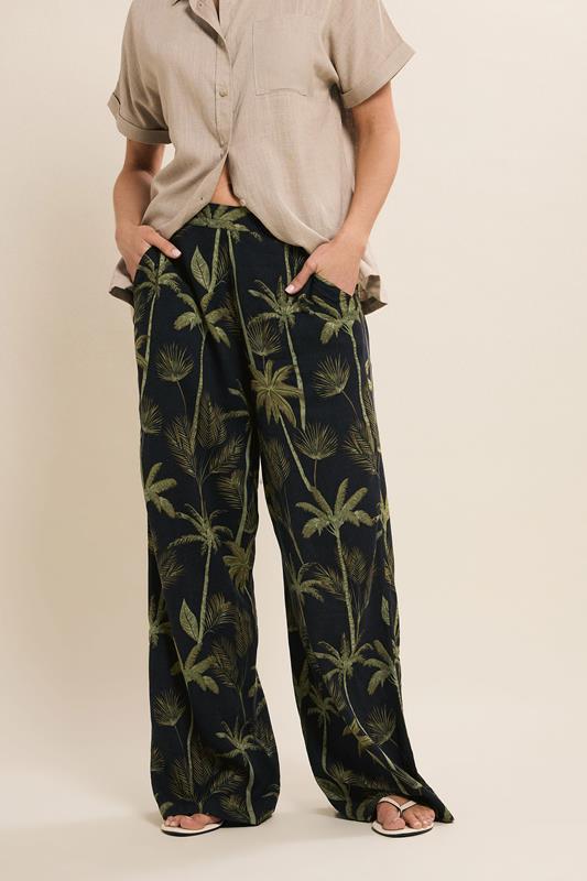 Evans LTS Tall Black Tropical Palm Wide Leg Trousers