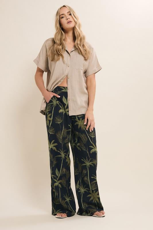Evans LTS Tall Black Tropical Palm Wide Leg Trousers