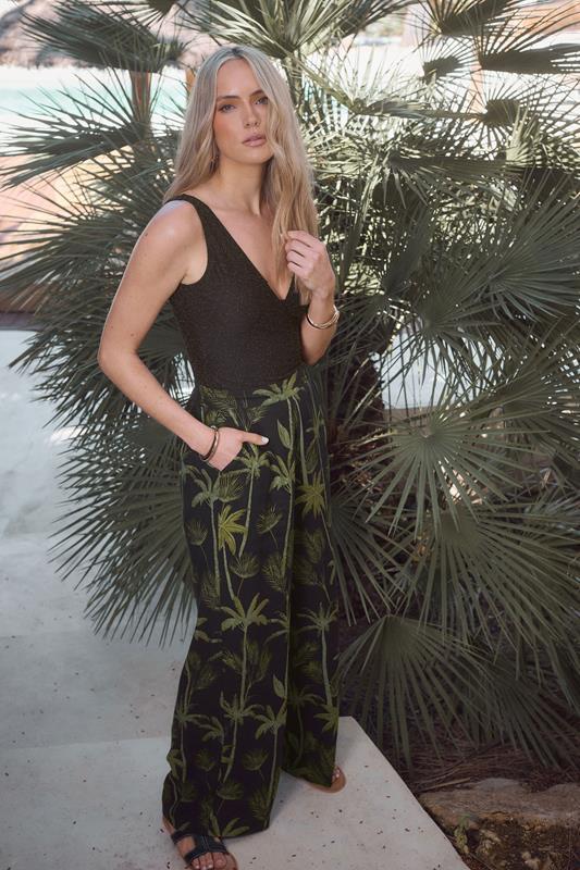 evans LTS Tall Black Tropical Palm Wide Leg Trousers