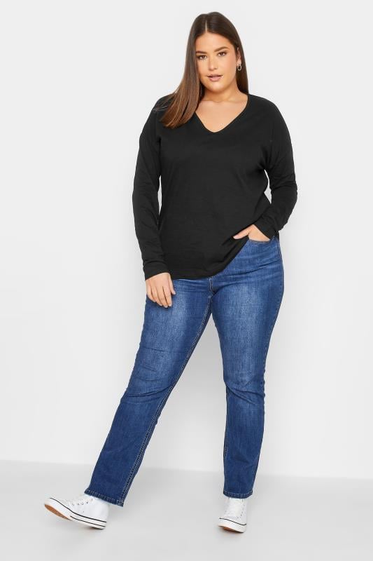 Evans LTS Tall Black V-Neck Long Sleeve Cotton T-Shirt