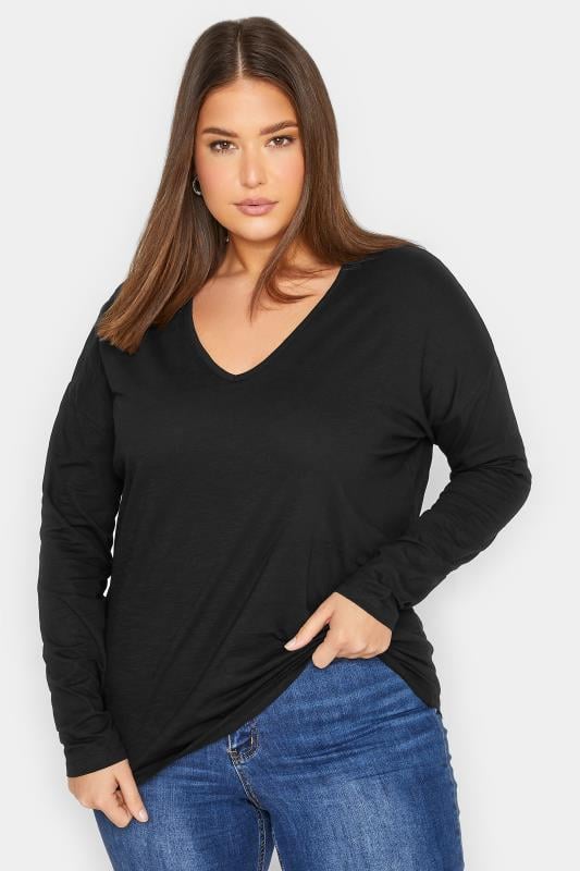evans LTS Tall Black V-Neck Long Sleeve Cotton T-Shirt