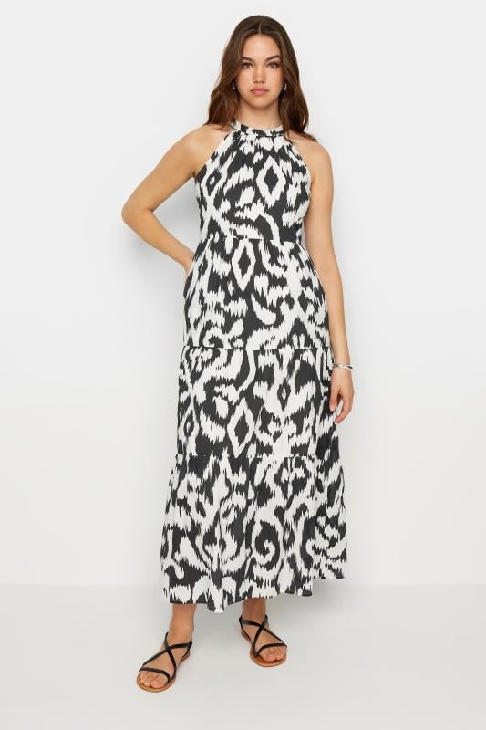 Evans LTS Tall Black & White Cotton Abstract Print Halterneck Dress