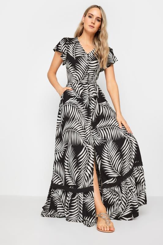 Evans LTS Tall Black & White Tropical Print Front Split Maxi Dress