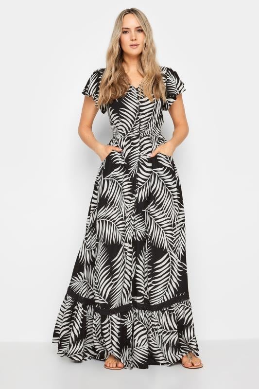 evans LTS Tall Black & White Tropical Print Front Split Maxi Dress
