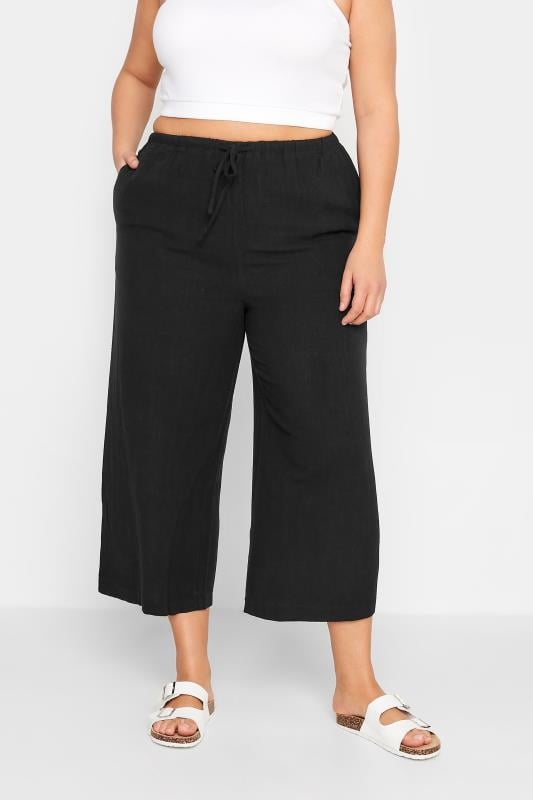 Evans LTS Tall Black Wide Leg Cropped Linen Trousers