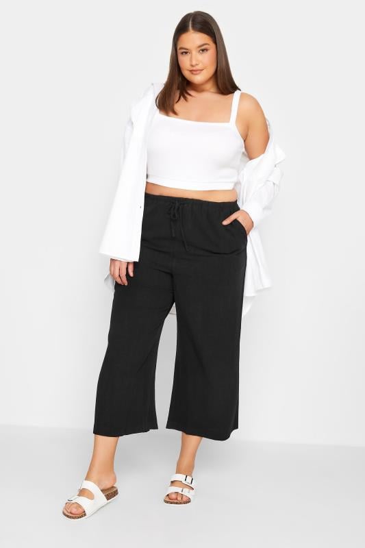 Evans LTS Tall Black Wide Leg Cropped Linen Trousers