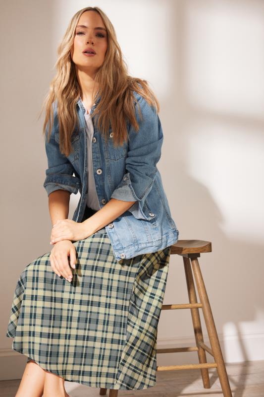 Evans LTS Tall Blue Check Print Tiered Midaxi Skirt