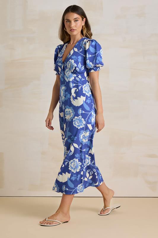 Evans LTS Tall Blue Floral Puff Sleeve Midi Tea Dress