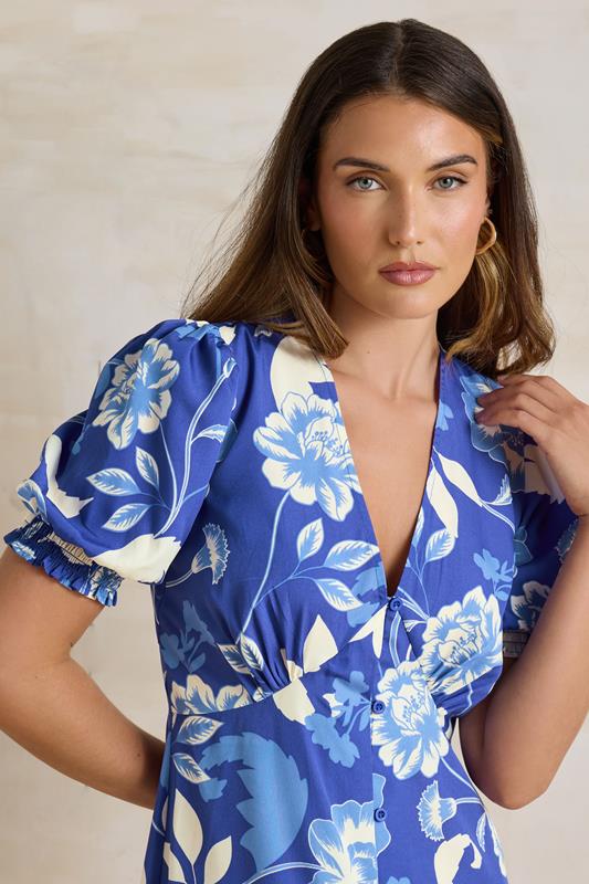 Evans LTS Tall Blue Floral Puff Sleeve Midi Tea Dress