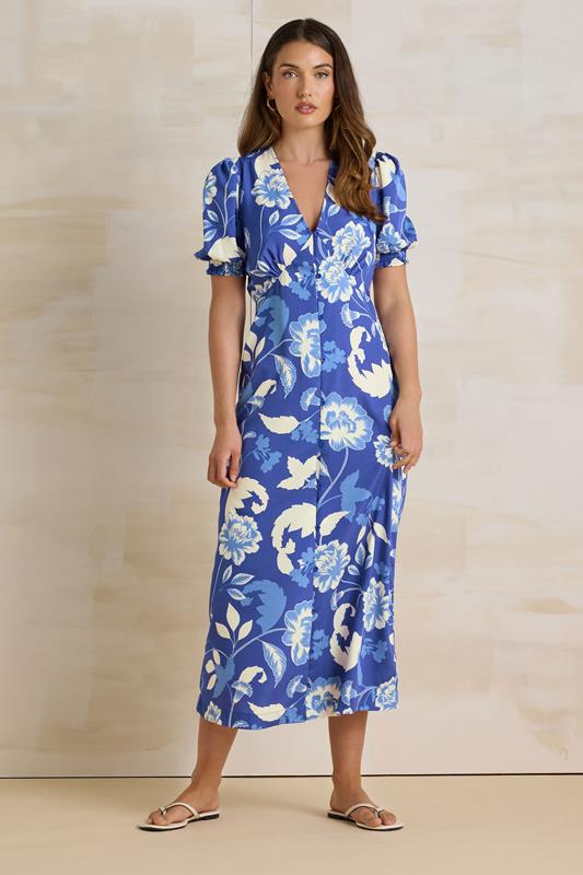 evans LTS Tall Blue Floral Puff Sleeve Midi Tea Dress