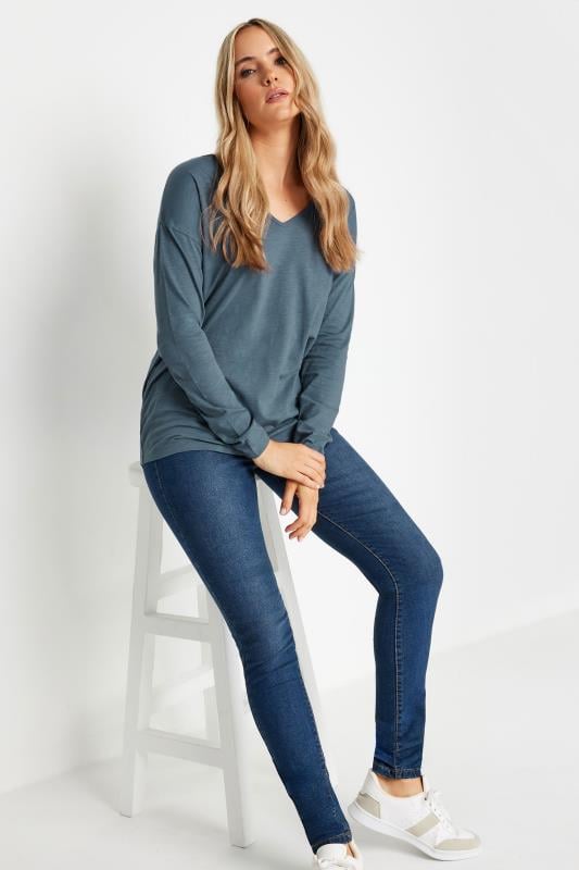 Evans LTS Tall Blue V-Neck Long Sleeve Cotton T-Shirt