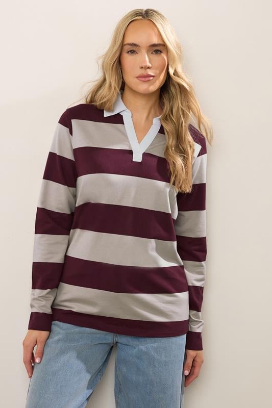 Evans LTS Tall Burgundy Red & Brown Stripe Rugby Sweatshirt