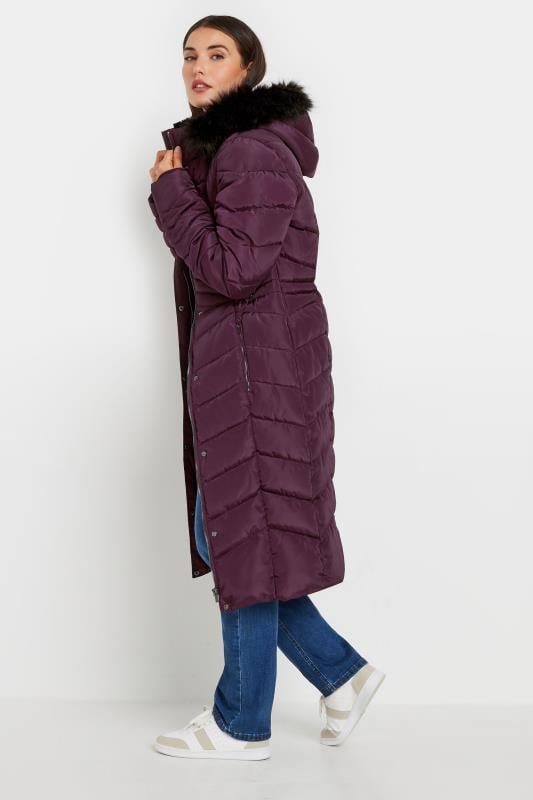 Evans LTS Tall Burgundy Red Faux Fur Trim Padded Longline Coat