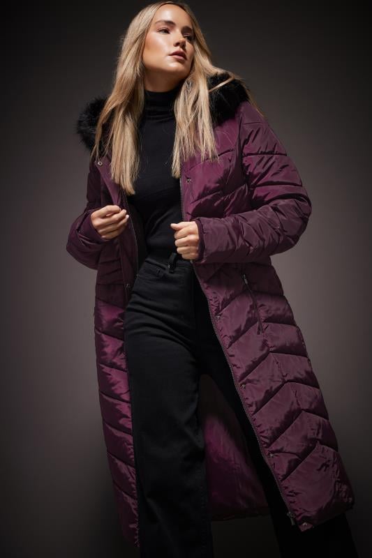 evans LTS Tall Burgundy Red Faux Fur Trim Padded Longline Coat
