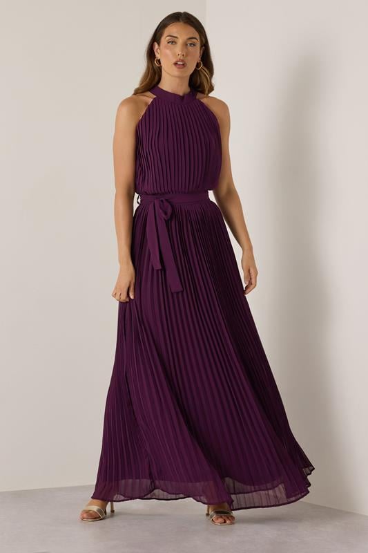 evans LTS Tall Burgundy Red Halterneck Pleated Maxi Dress