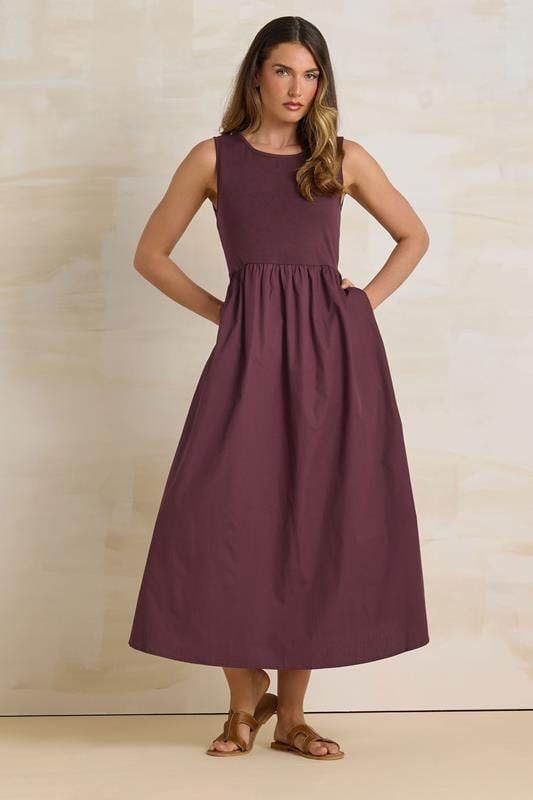 Evans LTS Tall Burgundy Red Jersey & Woven Mix Fabric Midi Dress