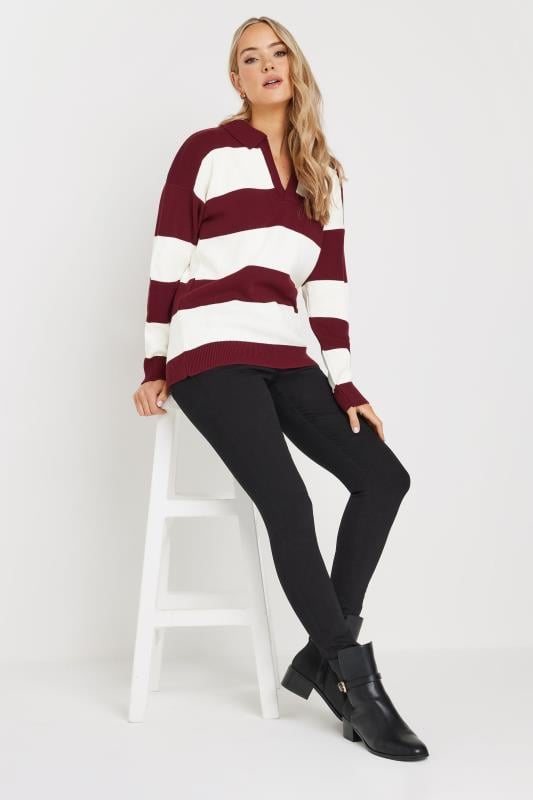 Evans LTS Tall Burgundy Red Knitted Stripe Collared Jumper