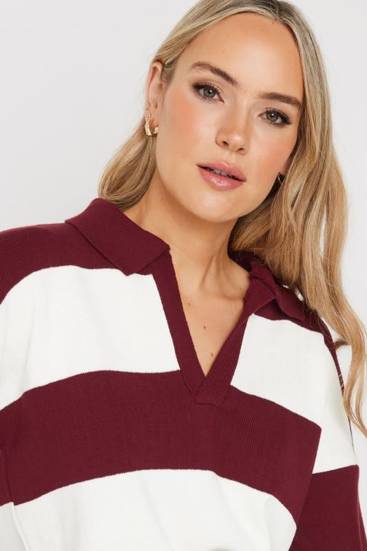Evans LTS Tall Burgundy Red Knitted Stripe Collared Jumper