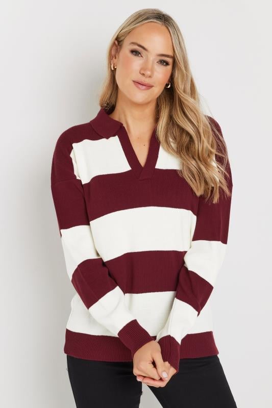 evans LTS Tall Burgundy Red Knitted Stripe Collared Jumper