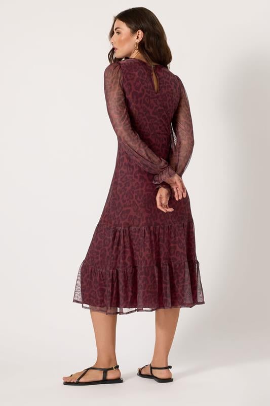 Evans LTS Tall Burgundy Red Mesh Leopard Print Tiered Dress