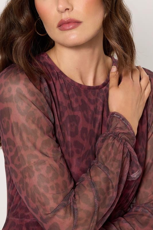 Evans LTS Tall Burgundy Red Mesh Leopard Print Tiered Dress
