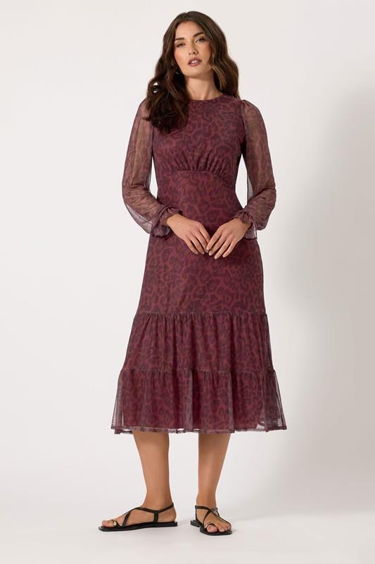 evans LTS Tall Burgundy Red Mesh Leopard Print Tiered Dress