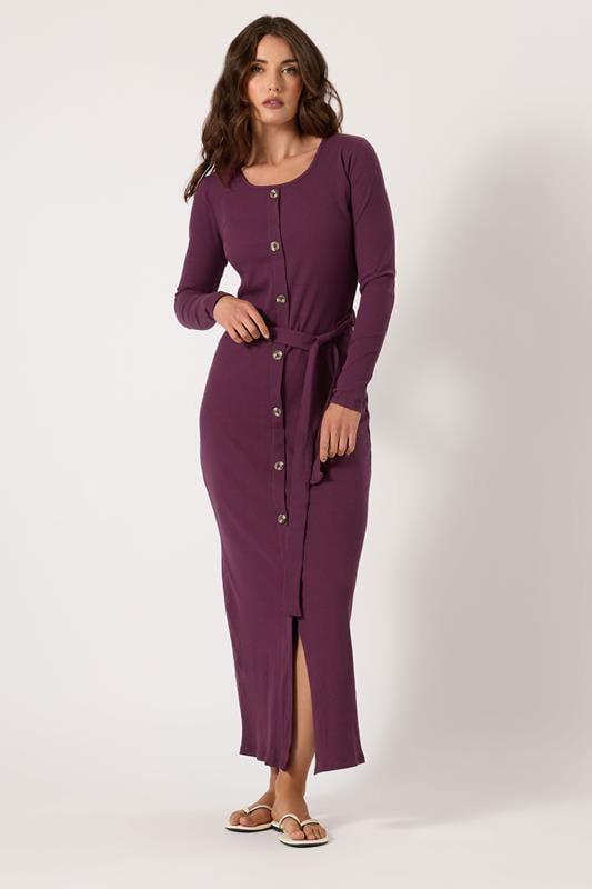 evans LTS Tall Burgundy Red Ribbed Button Maxi Dress