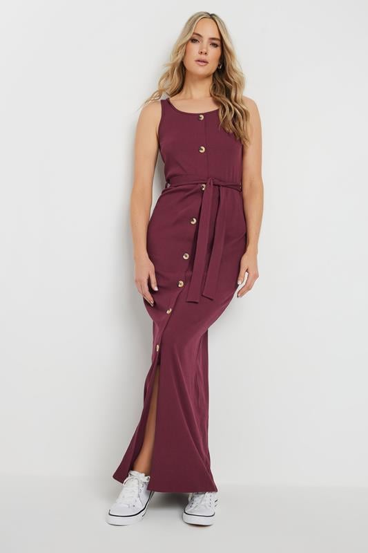 Evans LTS Tall Burgundy Red Ribbed Button Through Maxi Dress