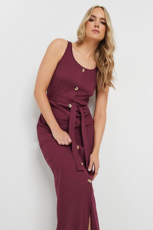 Evans LTS Tall Burgundy Red Ribbed Button Through Maxi Dress